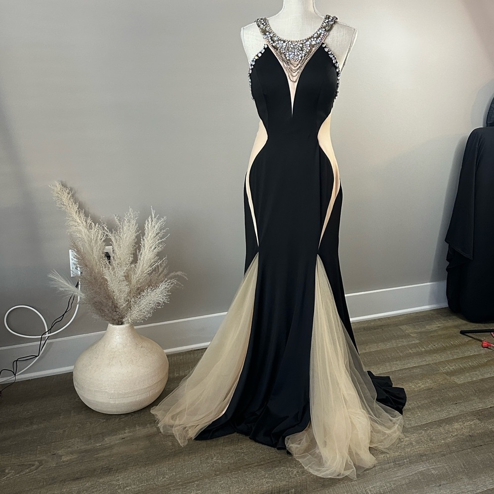 Rachel Allan Black and Nude Illusion Evening Gown with Crystal Neckline